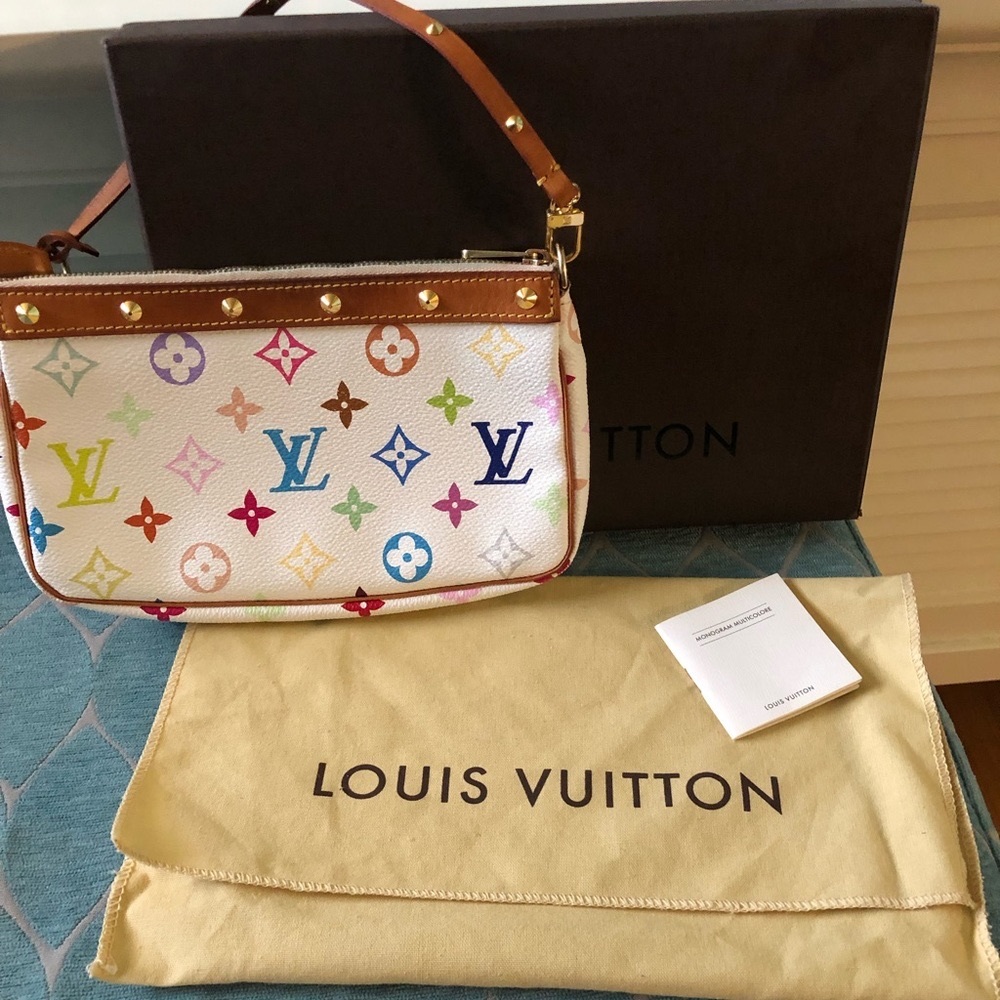 Authentic Louis Vuitton x Takashi Murakami White Monogram Multicolore Pochette